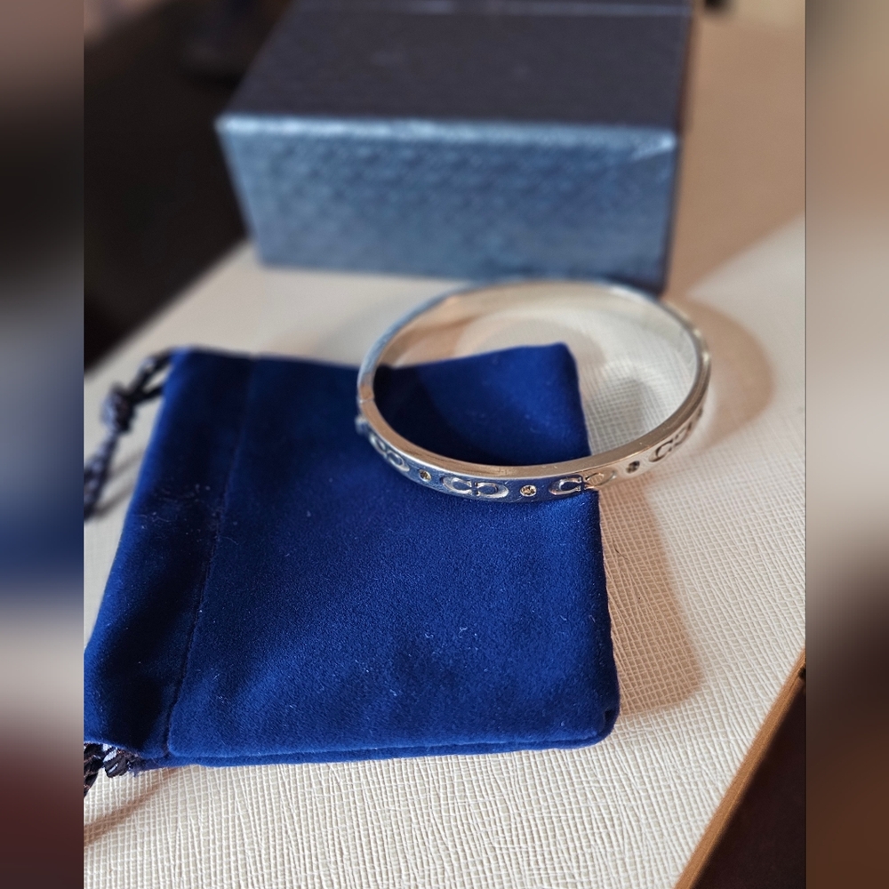 Coach Signature Pave Hinged Bracelet Silver & Rhinestone with Pouch Giftbox EUC - Picture 3 of 10